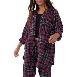 Free People Plaid Pajama top Pink and Black Sz M